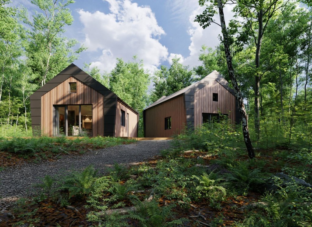 Twee woningen met houten gevels in een bosrijke omgeving.