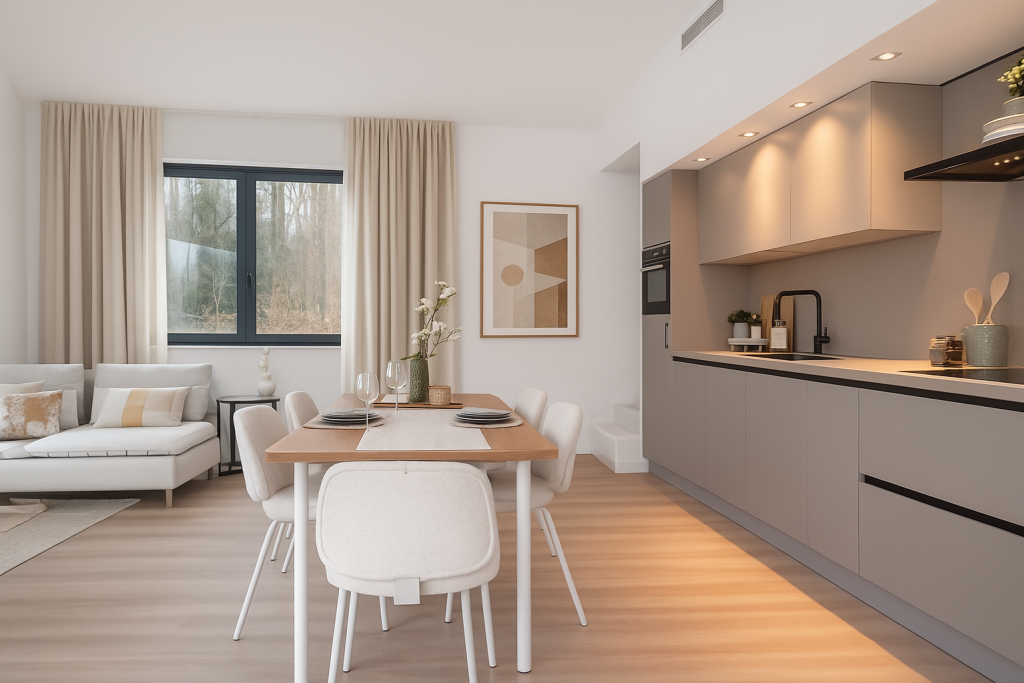 Open keuken met houten eettafel en lichte eetkamerstoelen.