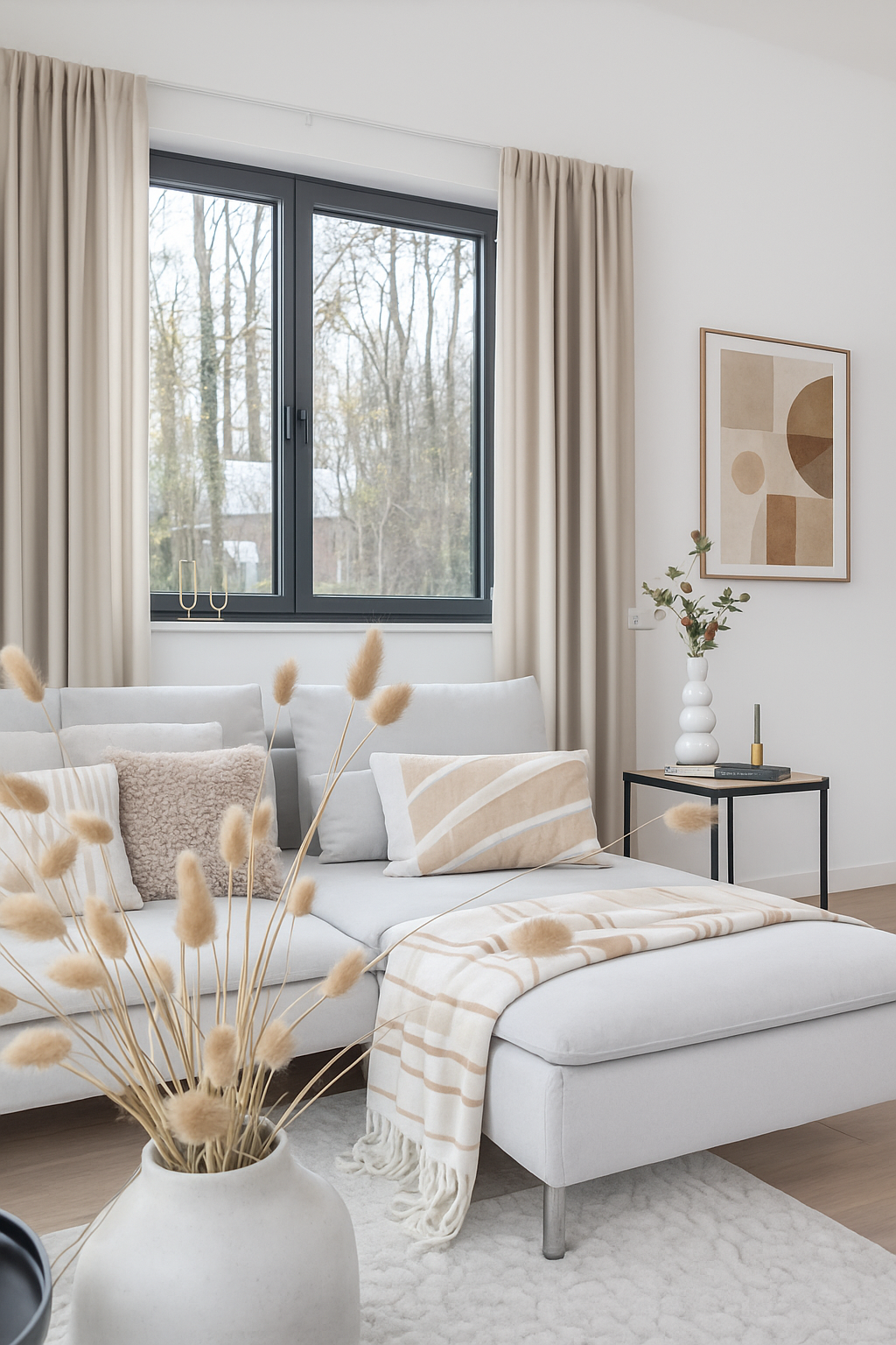 Zithoek met lichte bank, salontafel en raam met gordijnen.