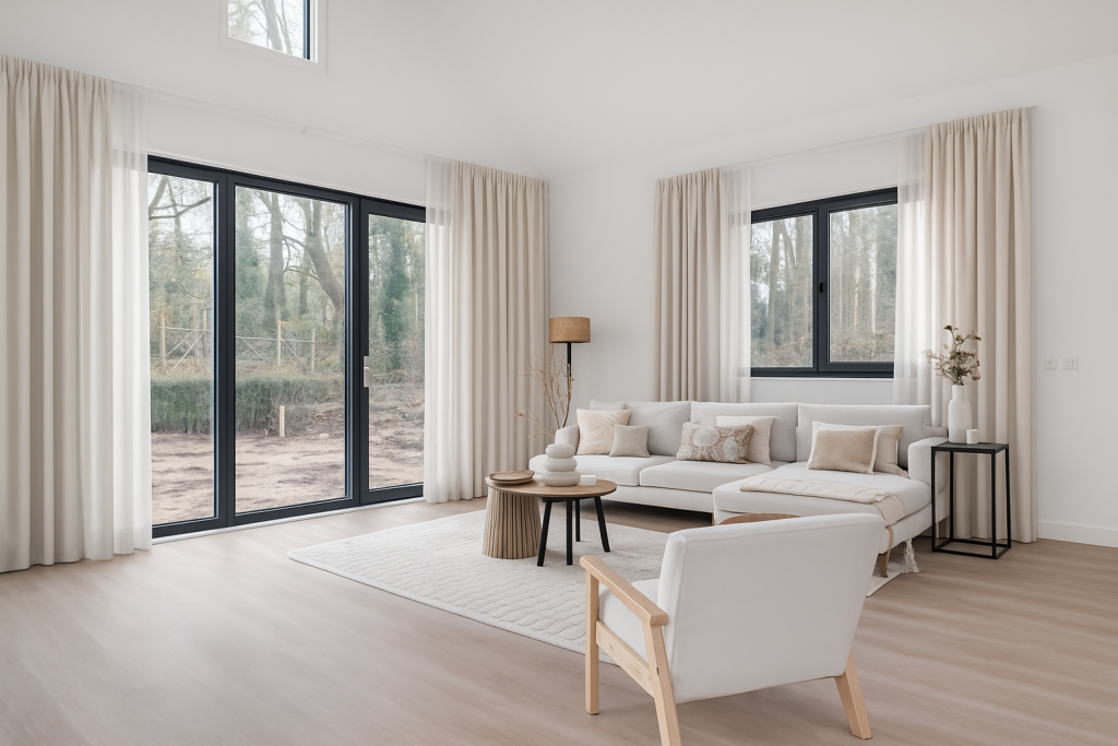 Lichte woonkamer met bank, fauteuil en grote glazen schuifpui.